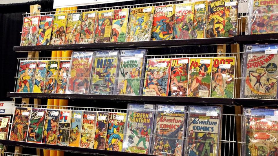Comics for sale on the exhibit floor during the 2022 Lexington Comic and Toy Convention at the Central Bank Center in Lexington. Vendors sell rare toys and collectibles, comics, art work and pop culture goods from their booths.