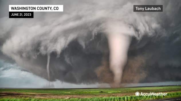 Twin tornadoes spinning in an open field south of Akron, Colorado, on June 21, 2023. (AccuWeather/ Tony Laubach)