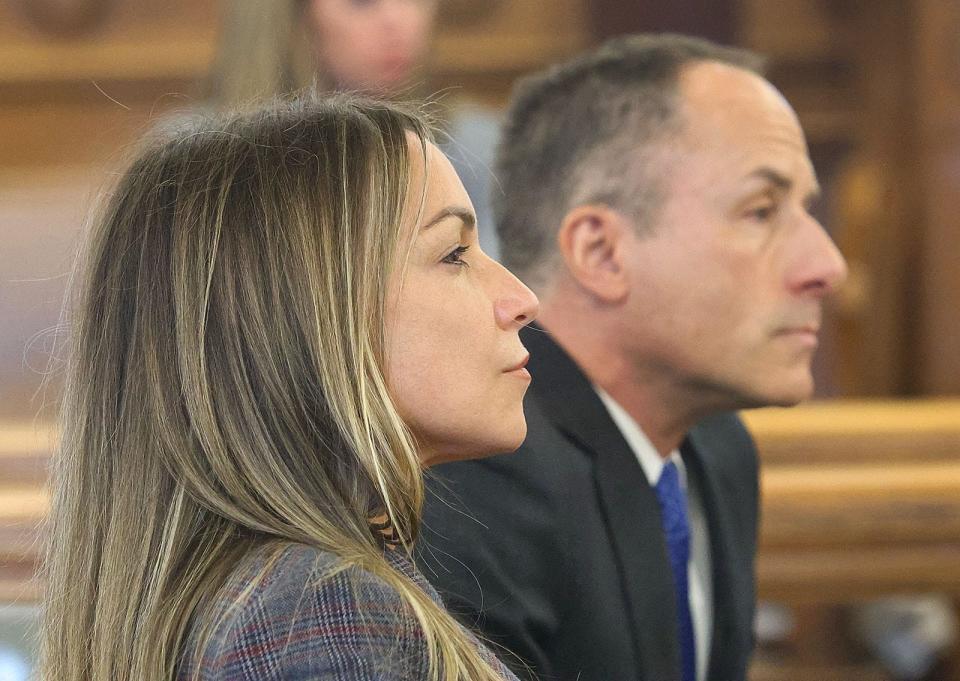 Karen Read appears in Dedham Superior Court with her lawyer David Yannetti on Thursday, Feb. 15, 2024. She is accused of murder in the death of Braintree native John O'Keefe in Canton.