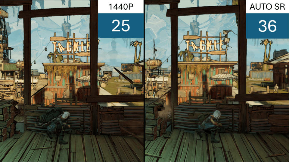 Comparison screenshots of Borderlands 3, showing the difference between native rendering and the use of Microsoft Automatic Super Resolution