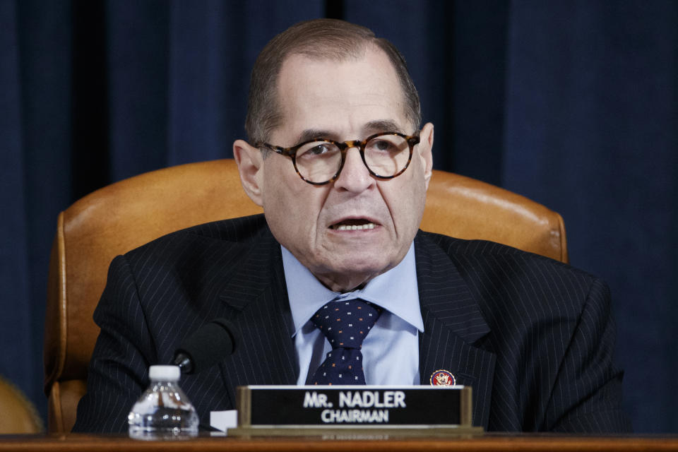 House Judiciary Committee Chairman Rep. Jerrold Nadler of N.Y., speaks during a House Judiciary Committee markup of the articles of impeachment against President Donald Trump, on Capitol Hill in Washington, Wednesday, Dec. 11, 2019. (Shawn Thew/Pool via AP)