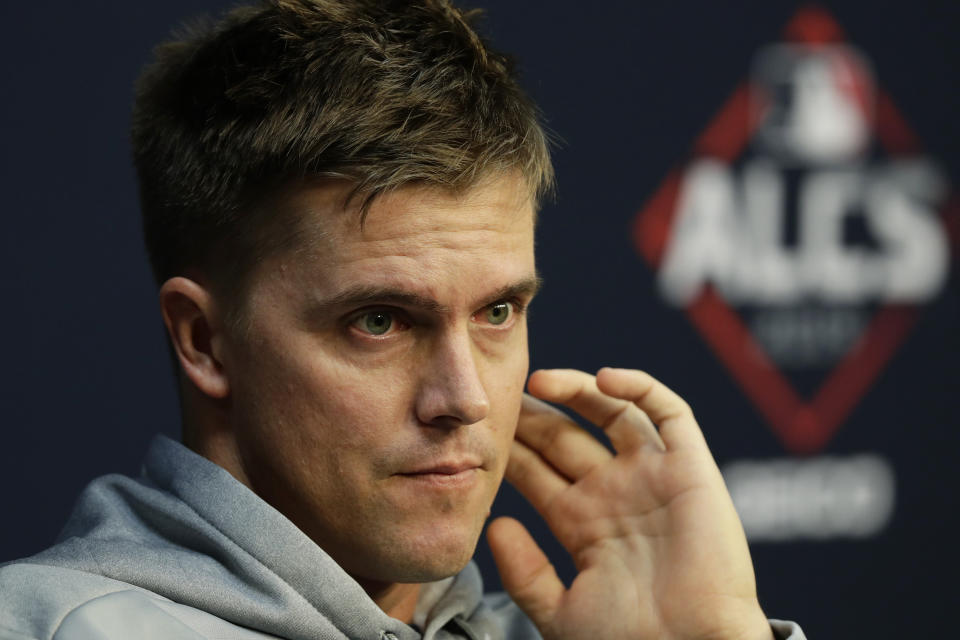 Houston Astros starting pitcher Zack Greinke talks to the media before a practice for a baseball American League Championship Series in Houston, Friday, Oct. 11, 2019. Houston will face the New York Yankees on Saturday. (AP Photo/Eric Gay)