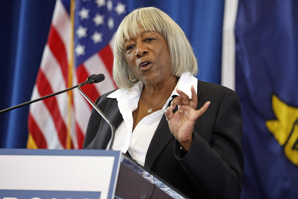 Shaw University President Paulette Dillard gives her opening remarks at the Josh Stein for Governor rally at Shaw University in Raleigh, N.C., Tuesday, Oct. 10, 2023. (AP Photo/Karl B DeBlaker)