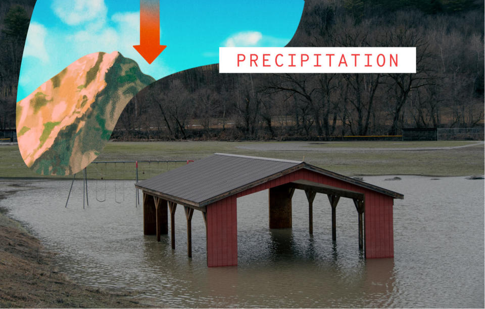 Photo of flooding in Vermont overlaid with 