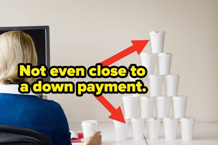 woman with a stack of old disposable coffee cups on her desk