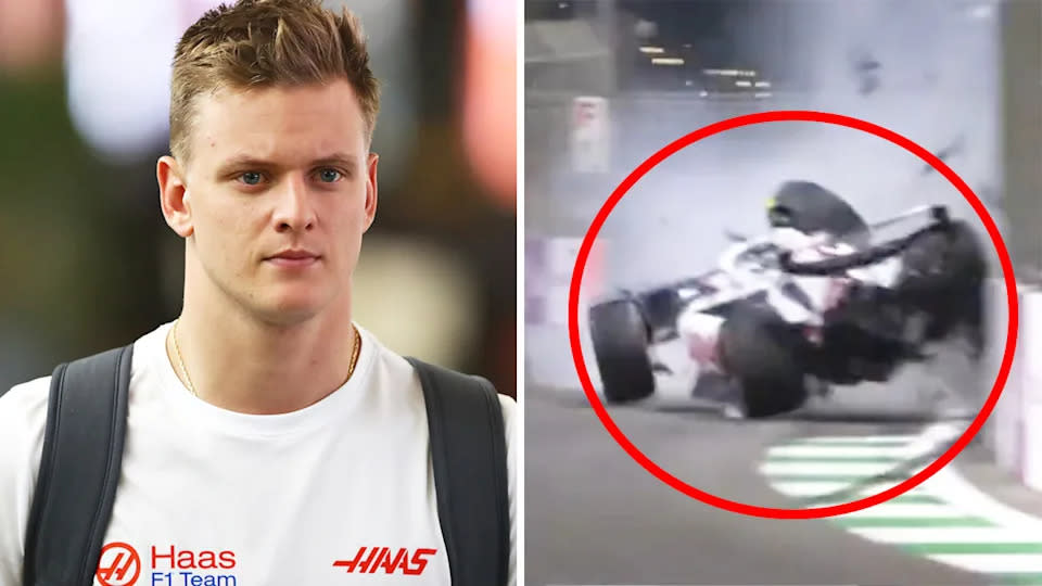 Pictured right, Mick Schumacher's Haas slams into a wall at high speed during qualifying for the Saudi Arabian GP.