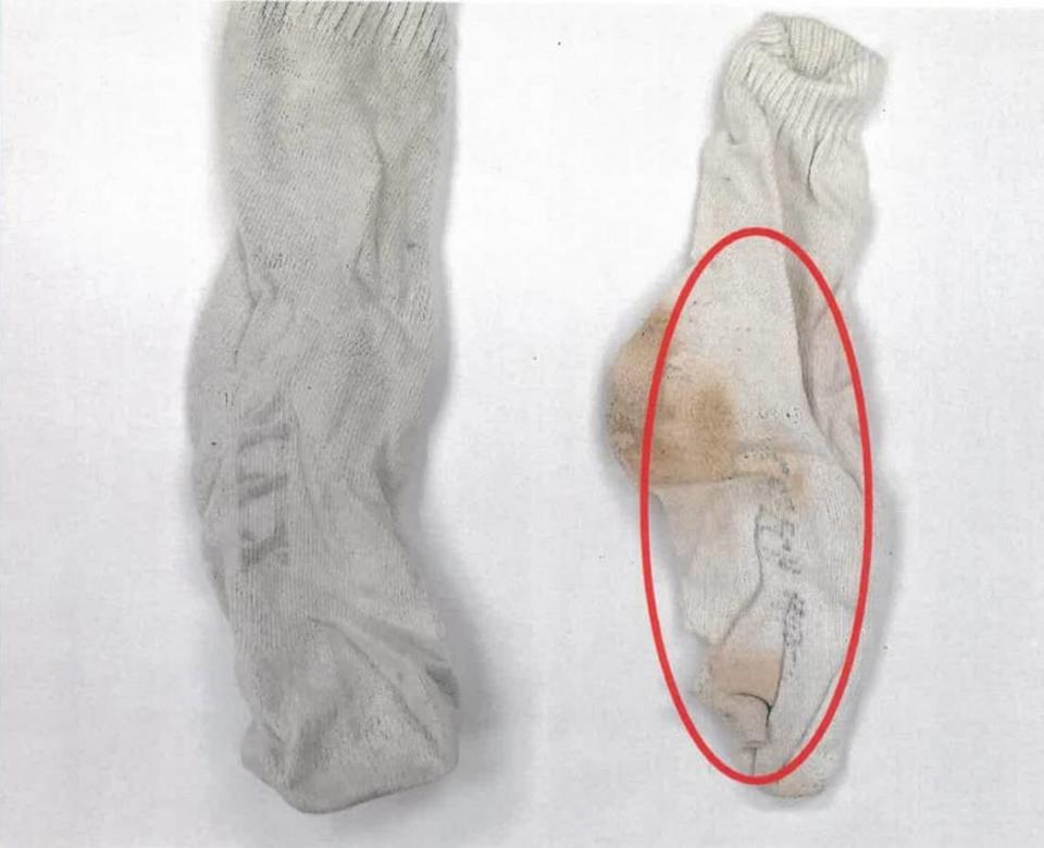 The Ada County Prosecutor’s Office alleges a sock that appears to be labeled with the name CREECH in black marker for longtime death row prisoner Thomas Creech was used in the May 1981 murder of fellow maximum security prisoner David Dale Jensen. Creech pleaded guilty to using a sock filled with batteries to beat Jensen to death, but previously claimed he acted in self-defense. Creech’s attorneys raised questions in a federal lawsuit about the evidence, which was shown at Creech’s Jan. 19, 2024 clemency hearing, but they say was never before disclosed by prosecutors in the 42 years since their client’s murder conviction. Ada County Prosecutor's Office/Provided