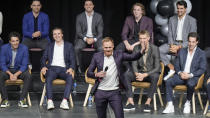 Lawson Crouse of the new Utah NHL hockey team speaks as the team is introduced during a welcome event Wednesday, April 24, 2024, in Salt Lake City. (AP Photo/Rick Bowmer)