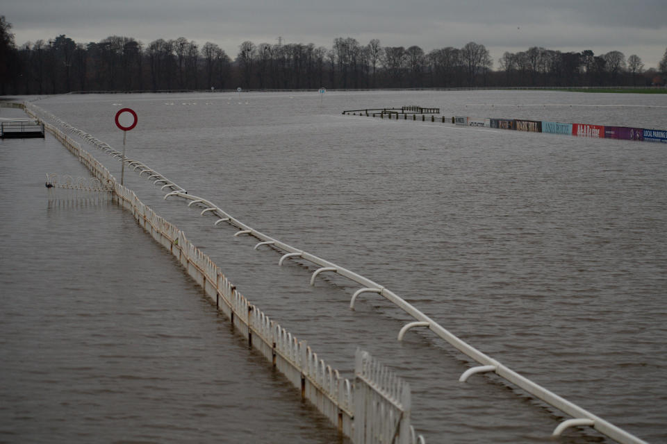 Flood water covers the racecourse at Worcester after heavy rain.