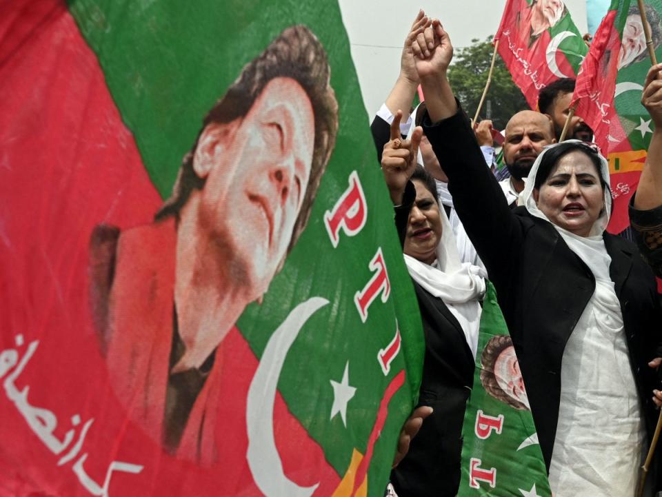 File: Lawyers in support of Pakistan's former Prime Minister Imran Khan, denounce his arrest during a protest outside the High court in Lahore on 7 August 2023 (AFP/Getty)