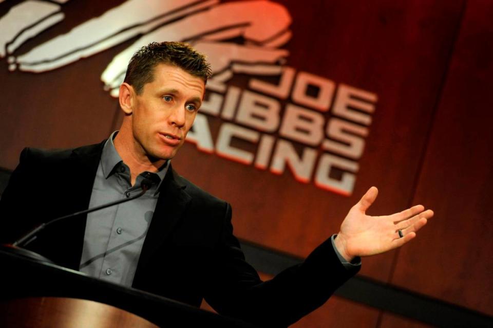 NASCAR driver Carl Edwards announces his retirement during a 2017 press conference at Joe Gibbs Racing headquarters in Huntersville. / Sam Sharpe-USA TODAY Sports