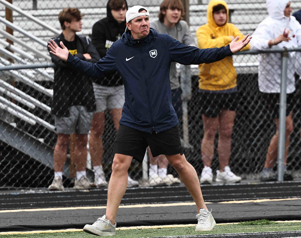 Moeller head coach Mike Welker reacts during their regional final against Springboro Saturday, Nov. 5.