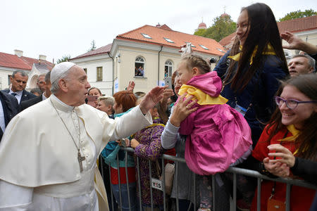 Pope Francis greets faithful in Vilnius, Lithuania, September 22, 2018. Vatican Media/ Handout via REUTERS