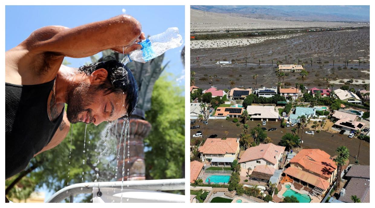 Snapshots from 2023's summer of extremes in the Coachella Valley: A man cools himself from a fountain during record July heat, and mud from Tropical Storm Hilary blankets a Cathedral City neighborhood.