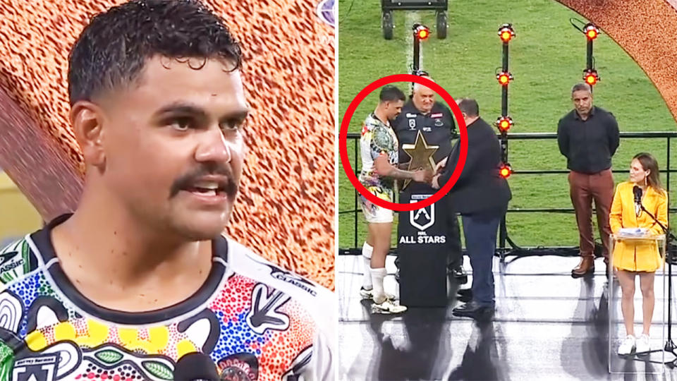 Latrell Mitchell, pictured here after captaining the Indigenous All-Stars to victory.