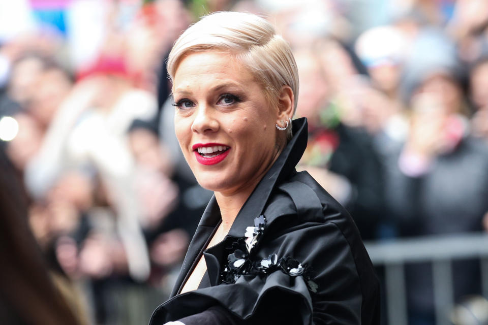 (FILE) Pink Reveals She Tested Positive For Coronavirus COVID-19 But Is Now Negative And Donates $1 Million To Fight Pandemic. She stated she was donating $1 million - $500,000 each to the Temple University Hospital Emergency Fund and the City of Los Angeles Mayor's Emergency COVID-19 Crisis Fund. HOLLYWOOD, LOS ANGELES, CALIFORNIA, USA - FEBRUARY 05: Singer P!nk (Pink, Alecia Beth Moore) wearing Moncler attends a ceremony honoring her With Star On The Hollywood Walk Of Fame - Dedication of the 2,656th star on the Walk of Fame in the category of Recording on February 5, 2019 in Hollywood, Los Angeles, California, United States. (Photo by Xavier Collin/Image Press Agency/Sipa USA)