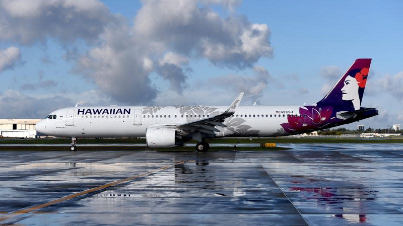 The Hawaiian Airlines"u2019 inaugural service to Maui"u2019s Kahului Airport prepares for takeoff in Long Beach on Wednesday, March 10, 2021. 