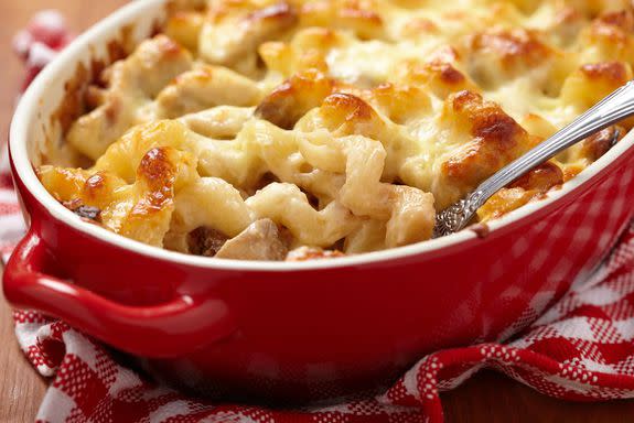 Macaroni with cheese, chicken and mushrooms; Shutterstock ID 174655184