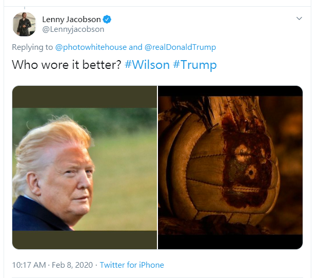 網路出現創意梗圖嘲笑川普臉上「沒曬勻」的膚色比電影裡的排球Wilson還糟。（網路截圖：twitter）