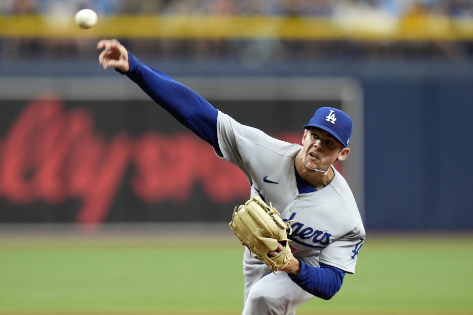 Los Angeles Dodgers starting pitcher Gavin Stone delivers to the Tampa Bay Rays during the first inning of a baseball game Sunday, May 28, 2023, in St. Petersburg, Fla. (AP Photo/Chris O'Meara)