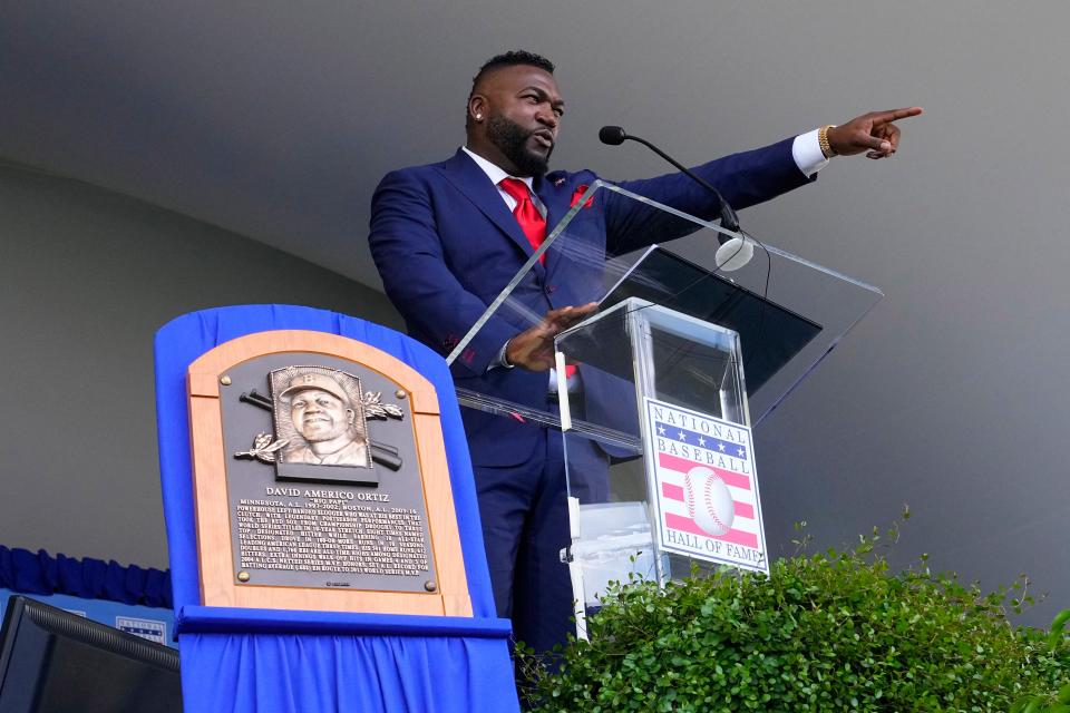 Hall of Fame inductee David Ortiz gives his acceptance speech.