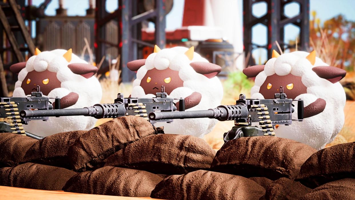  Three sheep from Palworld stand behind machine guns. 