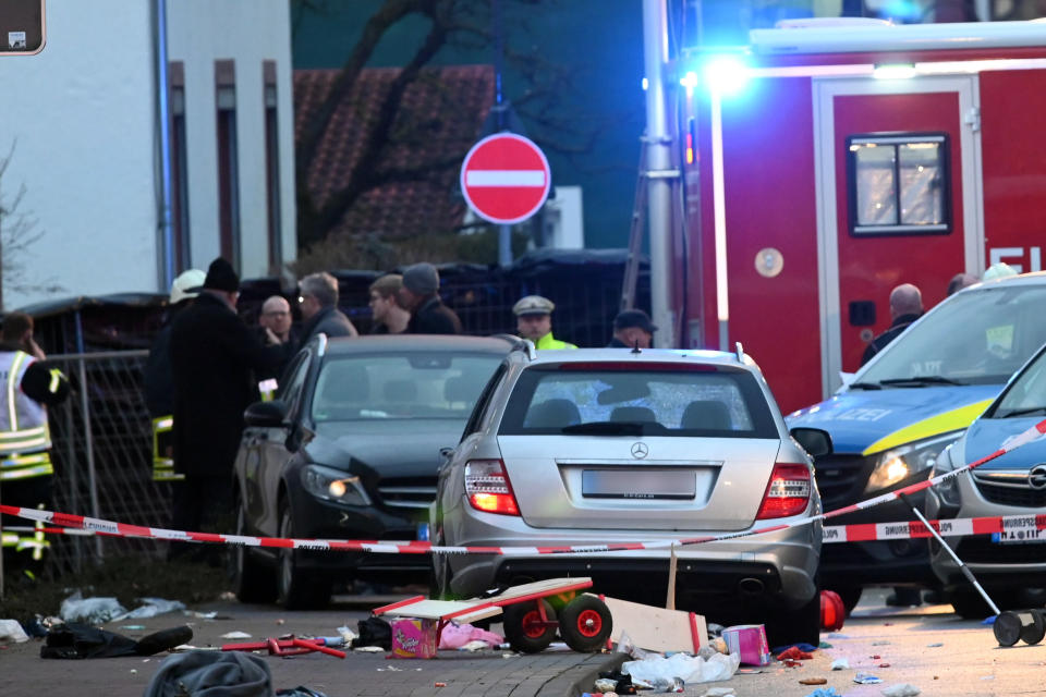 24 February 2020, Hessen, Volkmarsen: View of the car (M) that went into a Rose Monday procession. Dozens of people were injured. The police assume that the driver deliberately steered his car into the crowd. Photo: Uwe Zucchi/dpa - ATTENTION: License plate of the car was pixelated (Photo by Uwe Zucchi/picture alliance via Getty Images)