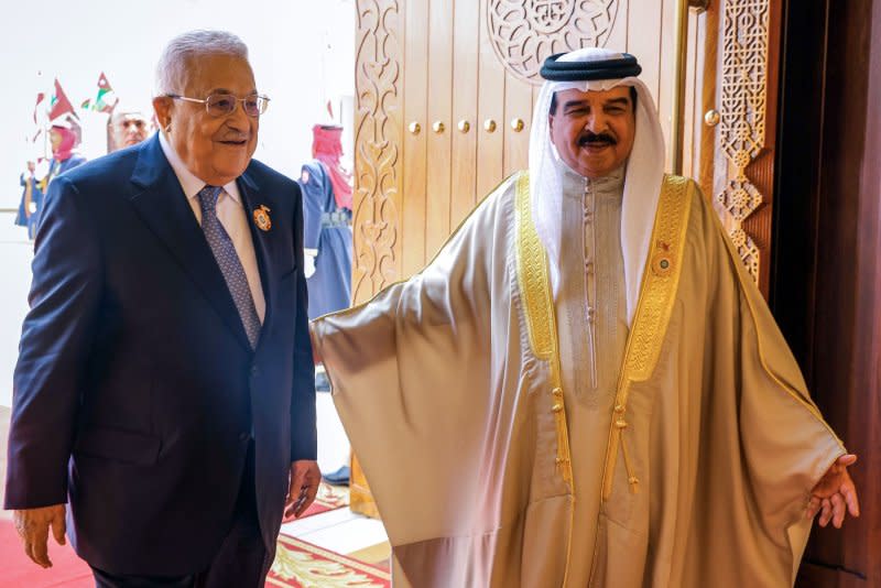 Bahrain's King Hamad bin Isa Al Khalifa, right, receives Palestinian Authority President Mahmud Abbas in Manama in Bahrain ahead of the 33rd Arab League. Photo by Bahrain News Agency/UPI
