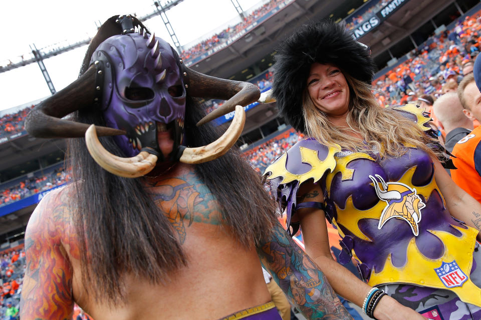 <p>Fans support the Minnesota Vikings as they face the Denver Broncos at Sports Authority Field at Mile High on October 4, 2015 in Denver, Colorado. The Broncos defeated the Vikings 23-20. (Photo by Doug Pensinger/Getty Images) </p>