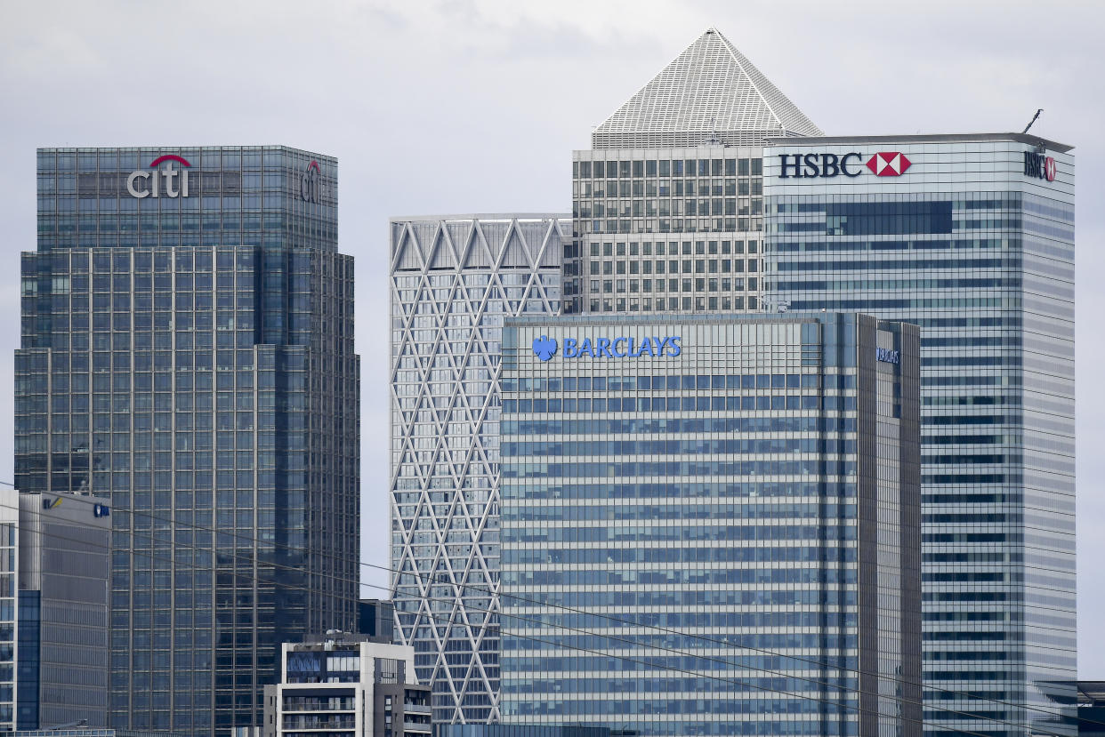 General view of the now empty Canary Wharf' skyscrapers in London, Thursday, April 2, 2020.The new coronavirus causes mild or moderate symptoms for most people, but for some, especially older adults and people with existing health problems, it can cause more severe illness or death.(AP Photo/Alberto Pezzali)