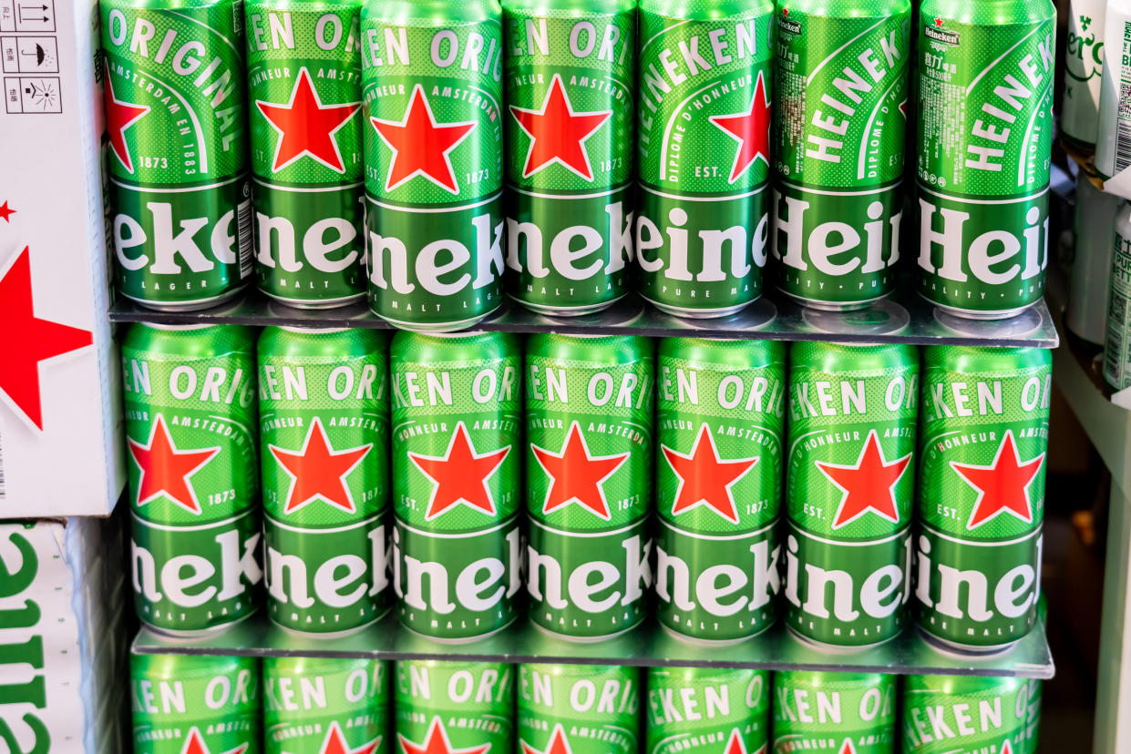 Cans of Heineken beer in a supermarket. Photo: Alex Tai/SOPA Images/LightRocket via Getty