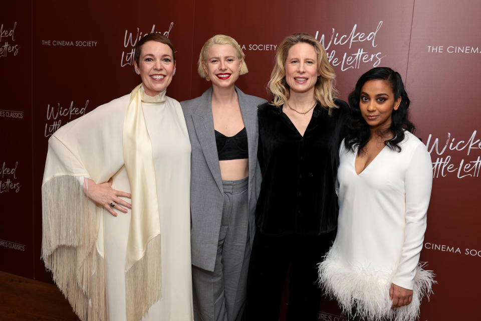 NEW YORK, NEW YORK - MARCH 20: (L-R) Olivia Colman, Jessie Buckley, Thea Sharrock and Anjana Vasan attend Sony Pictures Classics And The Cinema Society Screening Of "Wicked Little Letters" at Crosby Street Hotel on March 20, 2024 in New York City. (Photo by Dimitrios Kambouris/Getty Images)