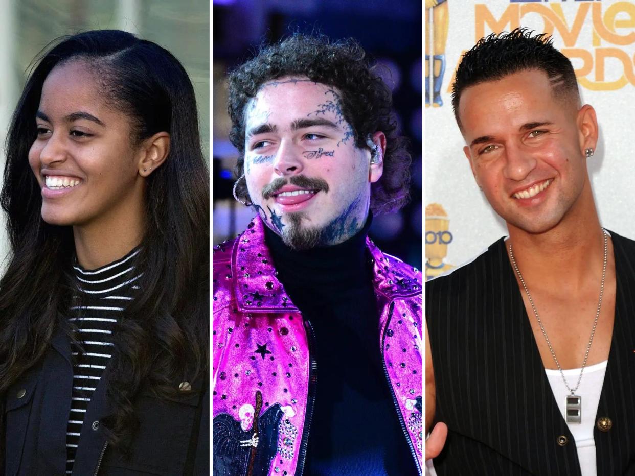 left: malia obama, smiling and wearing her hair down; center: post malone, smiling slightly, wearing a pink jacket, with facial tattoos; right: mike the situation sorrentino, smiling and wearing a blazer and tishirt