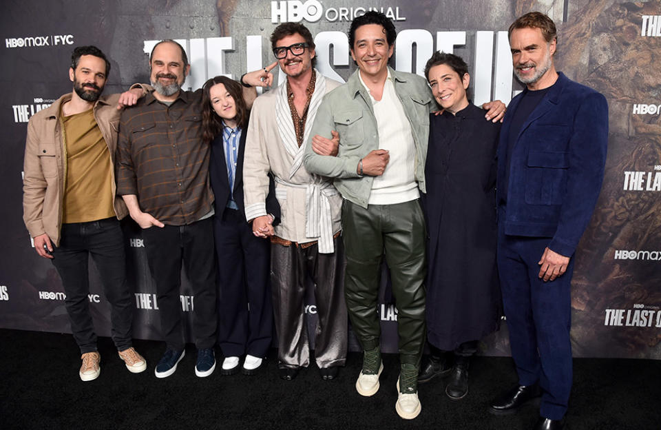 (L-R) Neil Druckmann, Craig Mazin, Bella Ramsey, Pedro Pascal, Gabriel Luna, Carolyn Strauss and Murray Bartlett attend the Los Angeles FYC Event for the HBO Original Series' "The Last of Us" at Directors Guild of America on April 28, 2023 in Los Angeles, California.