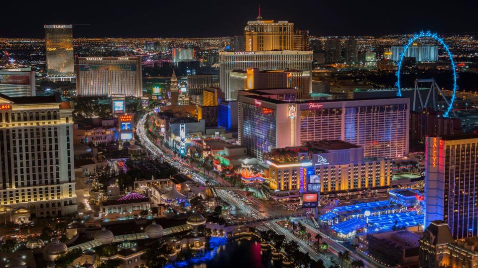 A picture of the Las Vegas strip at night taken from a high vantage point. The view is north along the mid-strip area on December 23, 2015.