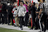 Boston College coach Jeff Hafley walks along the sideline during the first half of the team's NCAA college football game against North Carolina State, Saturday, Oct. 16, 2021, in Boston. (AP Photo/Mary Schwalm)