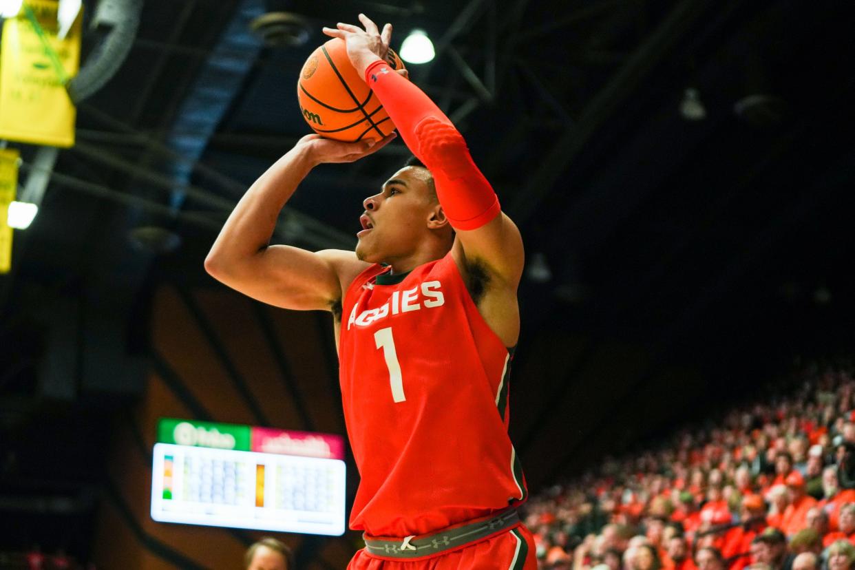 Colorado State's John Tonje knocks down a 3-pointer during a college basketball game against Wyoming at Moby Arena on Feb. 24 in Fort Collins.