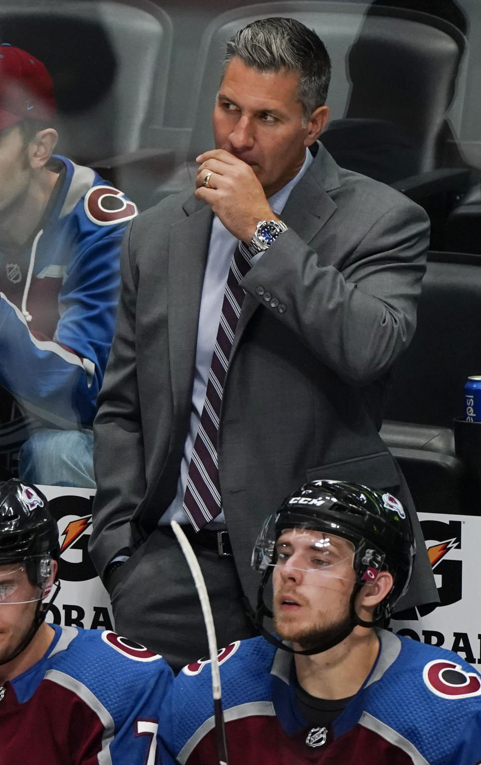 Colorado Avalanche coach Jared Bednar reacts to a call during the third period of the team's preseason NHL hockey game against the Vegas Golden Knights, Tuesday, Sept. 17, 2019, in Denver. (AP Photo/Jack Dempsey)