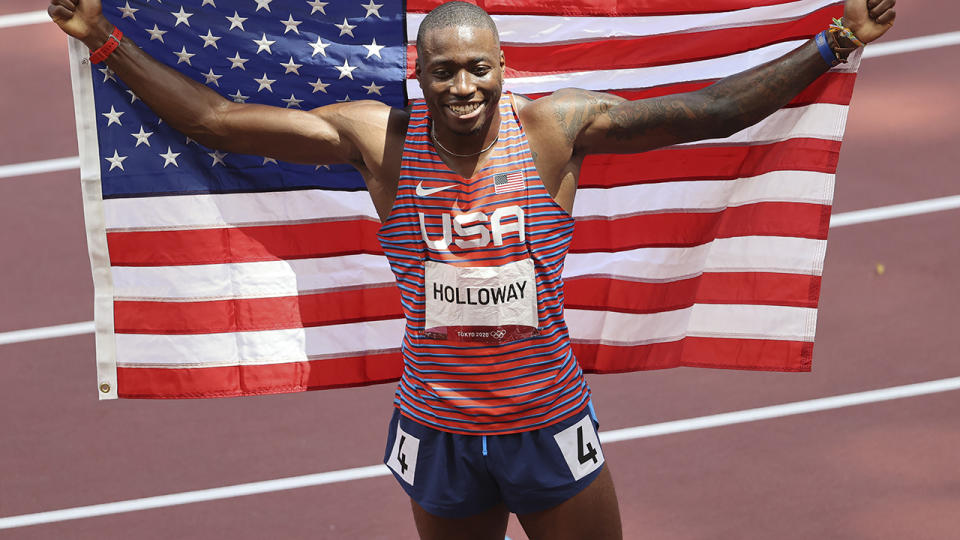 Grant Holloway, pictured here after winning silver despite being the 110m hurdles favourite.