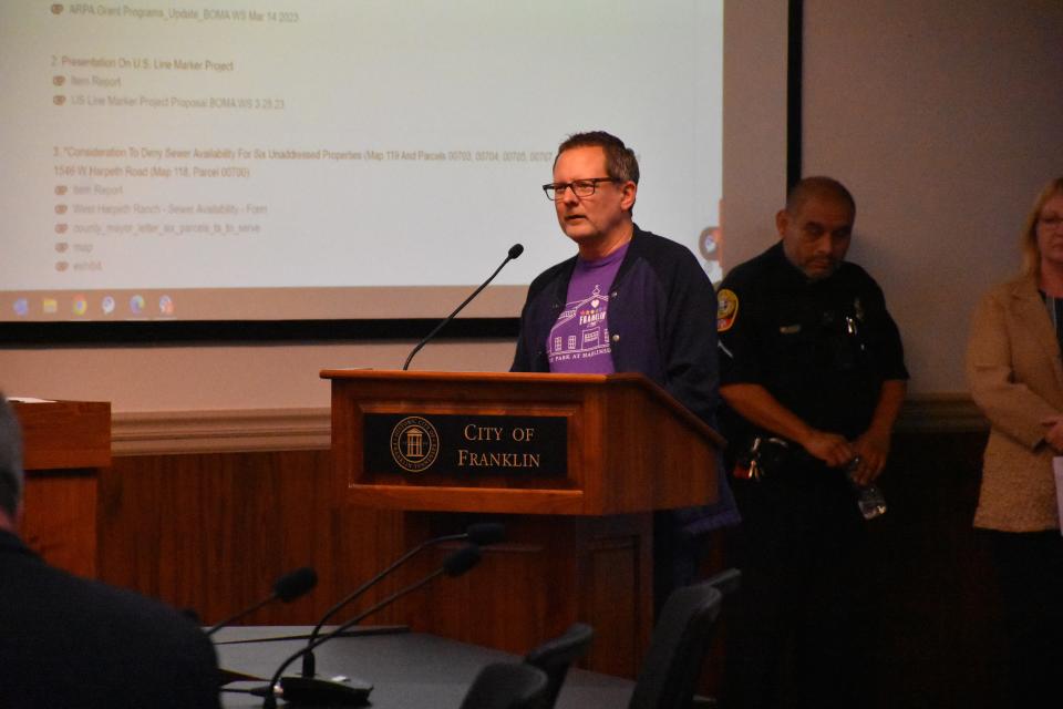 Clayton Klutts, president of Franklin Pride, speaking at the Franklin Board of Aldermen work session on March 28.