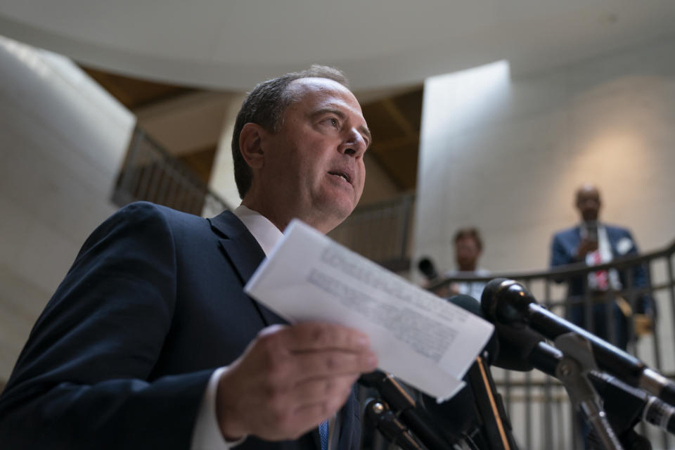 House Intelligence Committee Chairman Adam Schiff, D-Calif., speaks to reporters after the panel met behind closed doors with national intelligence inspector general Michael Atkinson about a whistleblower complaint, at the Capitol in Washington, Thursday, Sept. 19, 2019. (AP Photo/J. Scott Applewhite)