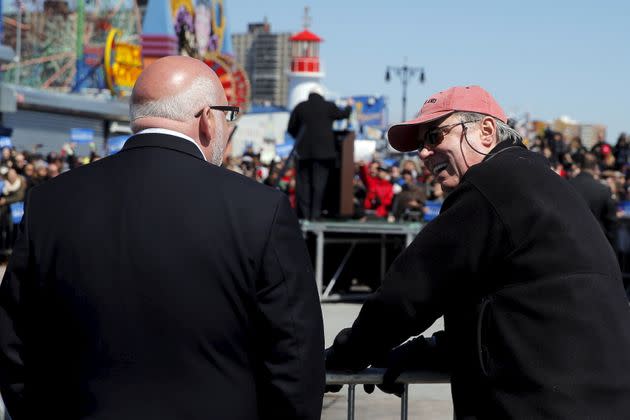 Jeff Weaver, left, speaks with strategist Tad Devine at a Sanders campaign rally in April 2016. For Sanders' second run, Weaver would accept a smaller role and Devine would be gone. (Photo: Brian Snyder/Reuters)