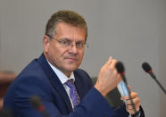 Vice-President of the European Commission in charge of Inter-institutional relations and Foresight Maros Sefcovic attends the third meeting of the EU-UK Joint Committee at EU headquarters in Brussels, Monday, Sept. 28, 2020. Vice-President of the European Commission in charge of Inter-institutional relations and Foresight Maros Sefcovic met Monday with the Chancellor of the Duchy of Lancaster Michael Gove, with EU chief Brexit negotiator Michel Barnier joining by videoconference. (John Thys, Pool via AP)