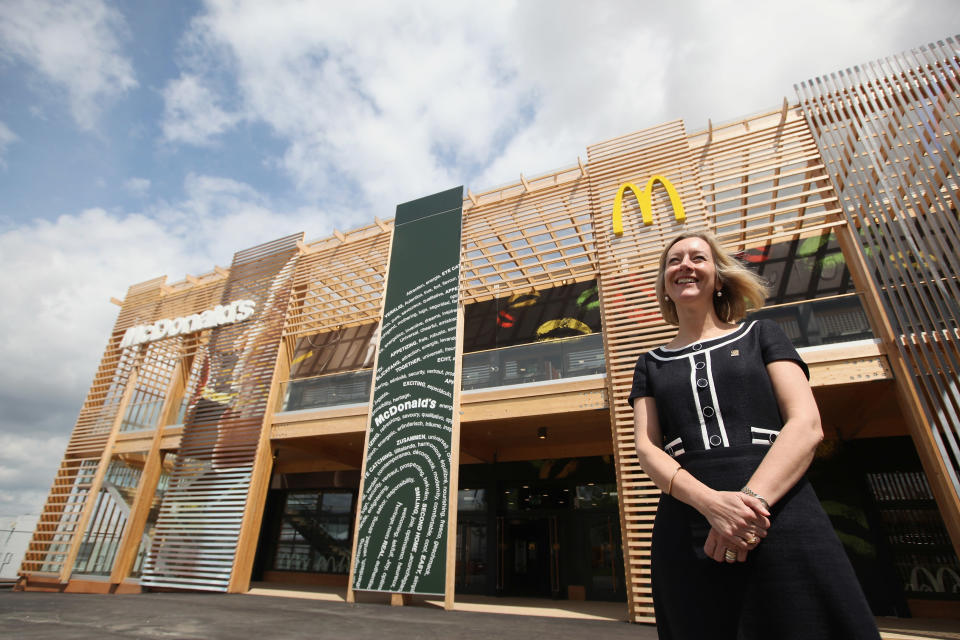 LONDON, ENGLAND - JUNE 25: Jill McDonald, the Chief Executive Officer of McDonald's UK, poses for a photograph in front of the world's largest McDonald's restaurant which is their flagship outlet in the Olympic Park on June 25, 2012 in London, England. The restaurant, which is one of four McDonald's to be situated within the Olympic Park, will have a staff of 500. After the Olympic and Paralympic Games conclude the restaurant will be dismantled and all fixtures and fittings will be either reused or recycled. (Photo by Oli Scarff/Getty Images)