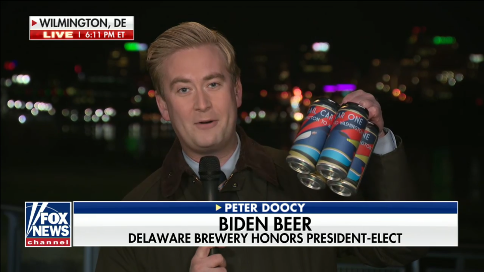 Peter Doocy of Fox News holds up Wilmington Brew Works' new Joe Biden-themed beer on "Special Report" last week.