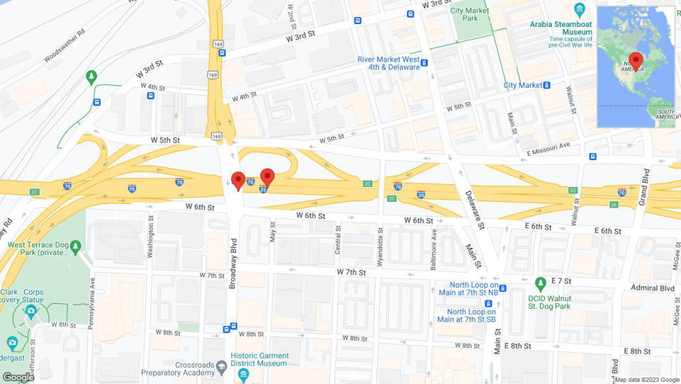 A detailed map that shows the affected road due to 'Broken down vehicle on northbound I-35 in Kansas City' on December 17th at 12:31 p.m.