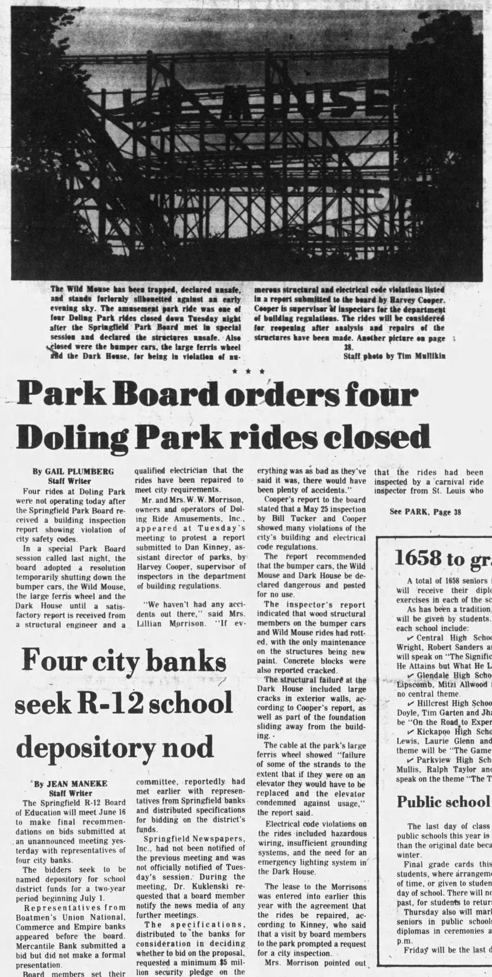 A newspaper clipping about temporary ride closures at the now-defunct Doling Amusement Park, printed in the Springfield Leader and Press on June 1, 1977.