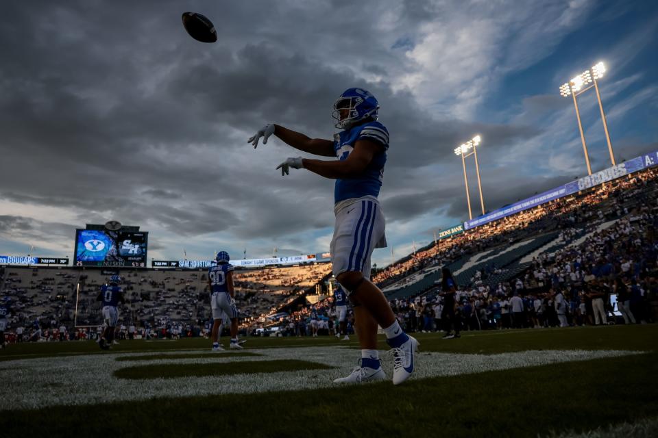 BYU Cougars running back LJ Martin (27) warms up before the game against the Sam Houston Bearkats at LaVell Edwards Stadium in Provo on Saturday, Sept. 2, 2023. | Spenser Heaps, Deseret News