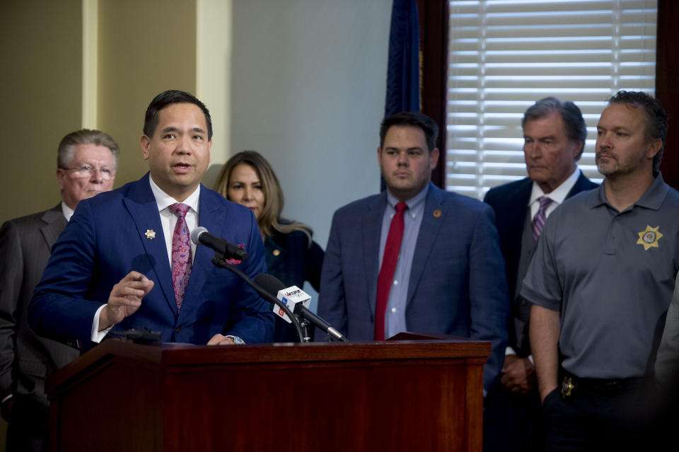 Utah Attorney General Sean Reyes talks about the case against Paul D. Petersen during a news conference in Salt Lake City, Utah, on Wednesday, Oct. 9, 2019. Petersen is charged with human smuggling, sale of a child and communications fraud. (Jeremy Harmon/The Salt Lake Tribune via AP)