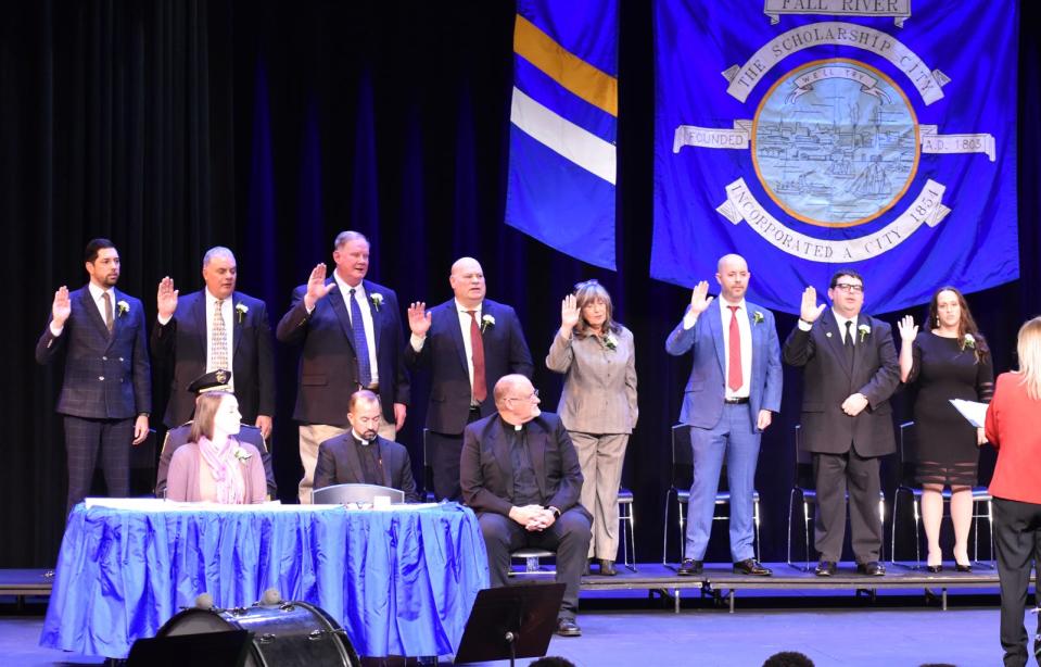 City Council members are sworn in at Fall River's inauguration of municipal officers Tuesday, Jan. 3, 2024 at B.M.C. Durfee High School in Fall River.